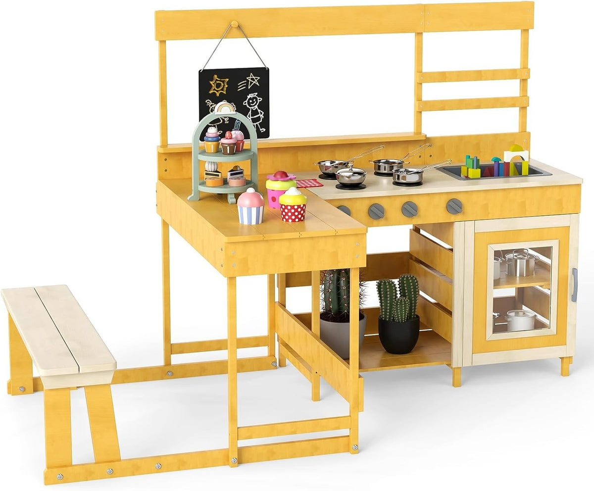Outdoor Mud Kitchen Kids Wooden Playset w/ Picnic Table Blackboard