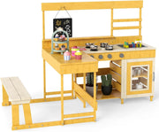 Outdoor Mud Kitchen Kids Wooden Playset w/ Picnic Table Blackboard