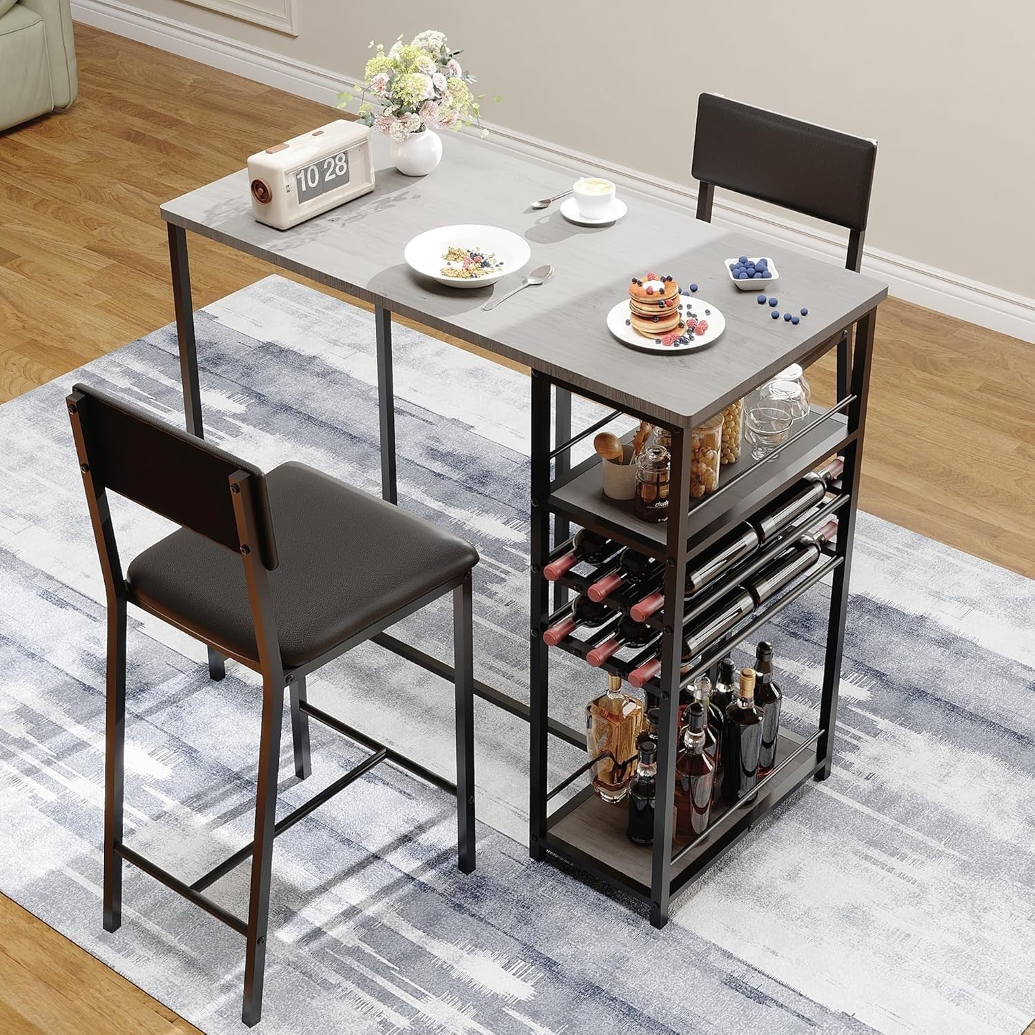 Counter Height Dining Table Set Storage Shelves & 2 Chairs Space Saving Home Set