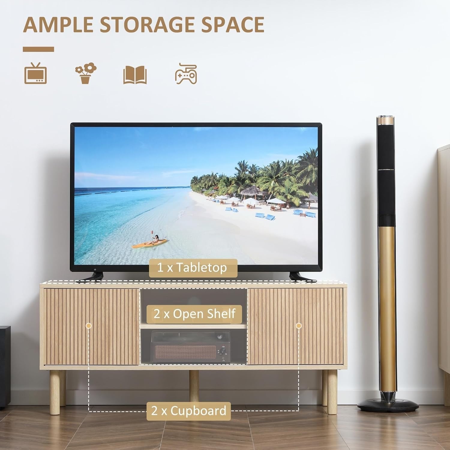 Modern Wood TV Unit Cabinet Stand with Storage Shelves & Sliding Doors
