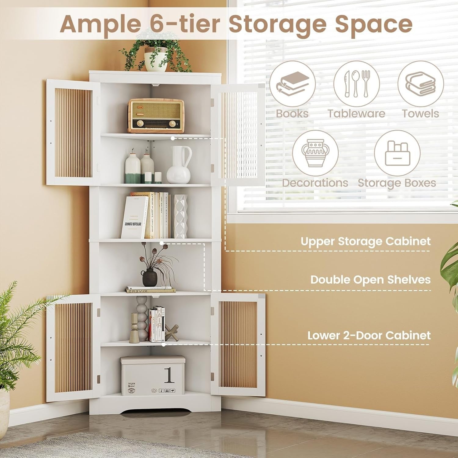 171cm White Corner Cabinet with 4 Glass Doors & Adjustable Shelves