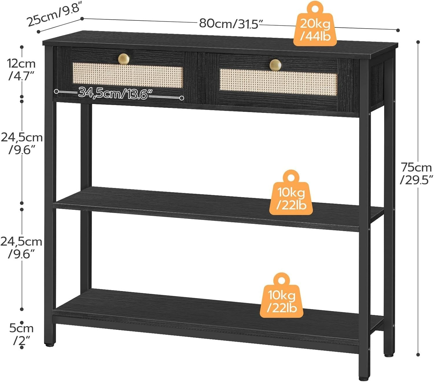 Black Rattan Console Table with Drawers & Shelves, Narrow Hallway Storage