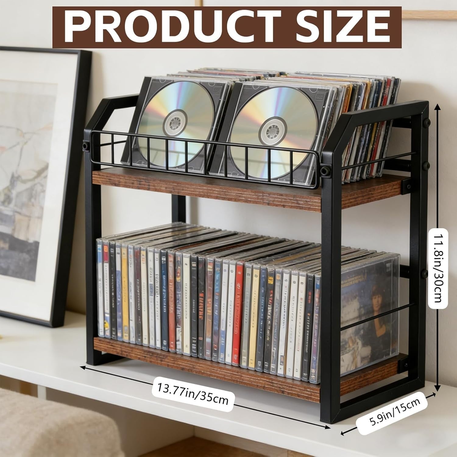 2 Tier CD Storage Rack Vinyl Record Shelf Organizer Holds 60 Discs