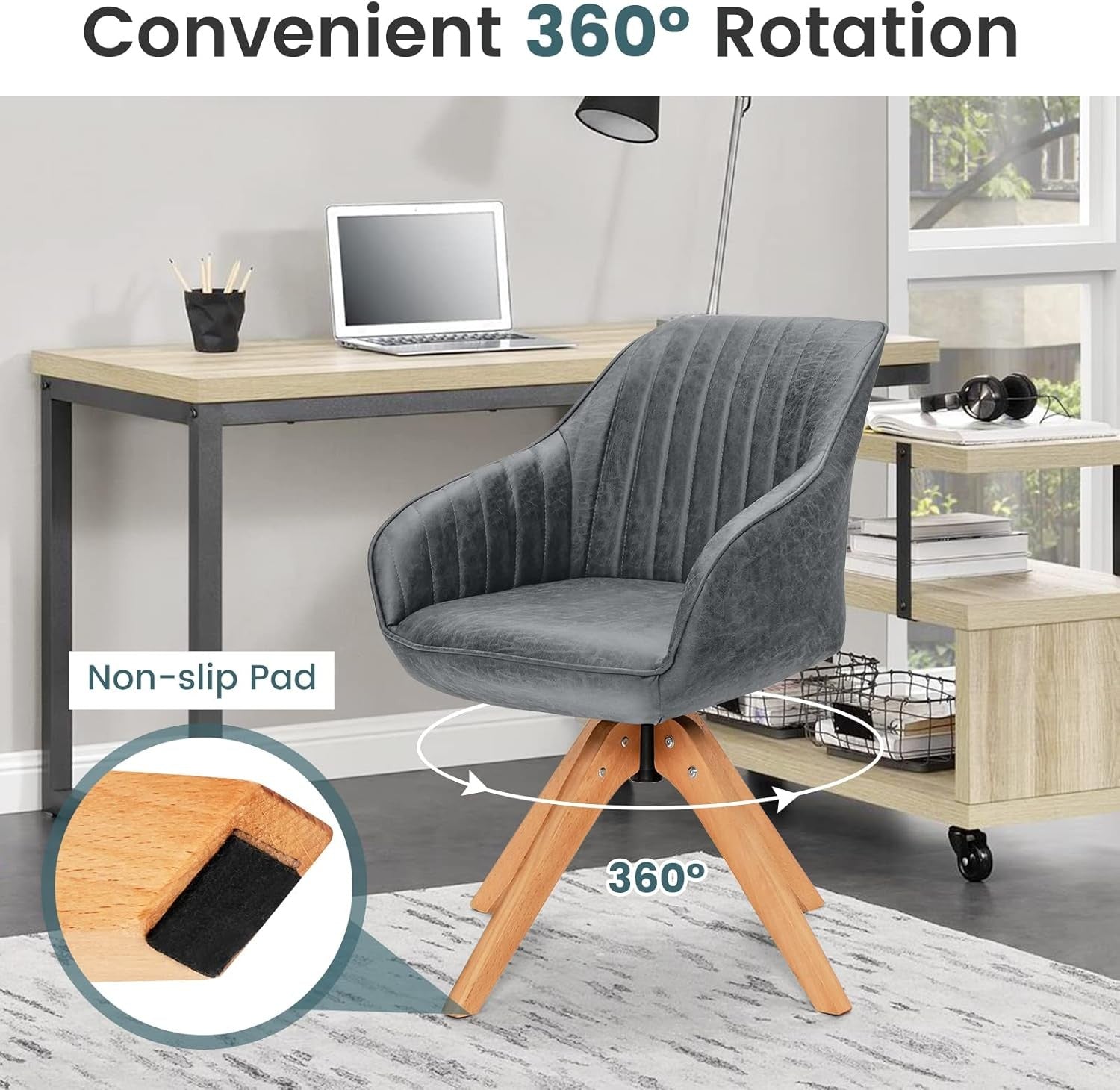 Set of 2 Grey Swivel Desk Chairs Tub Armchairs Wooden Legs