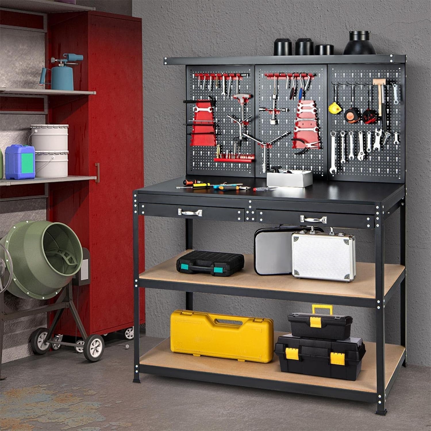 Heavy Duty Workbench with Pegboard Drawers Shelves 25 Hooks Garage Station