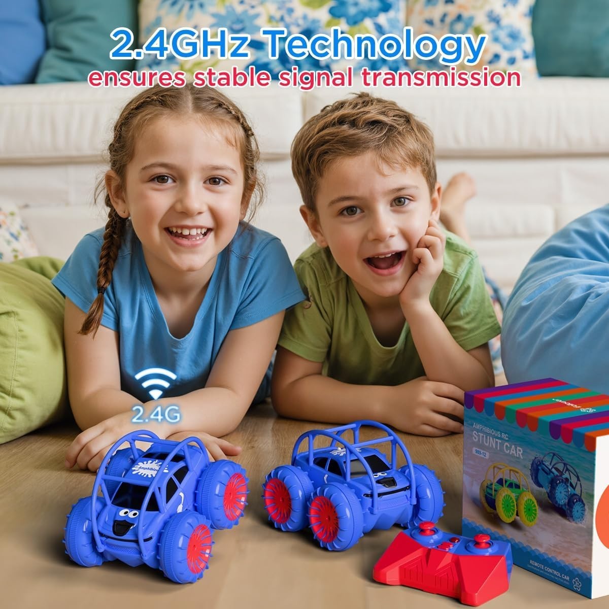 Amphibious RC Stunt Car 4WD Type-C Rechargeable 360° Flip LED Lights Kids Toy