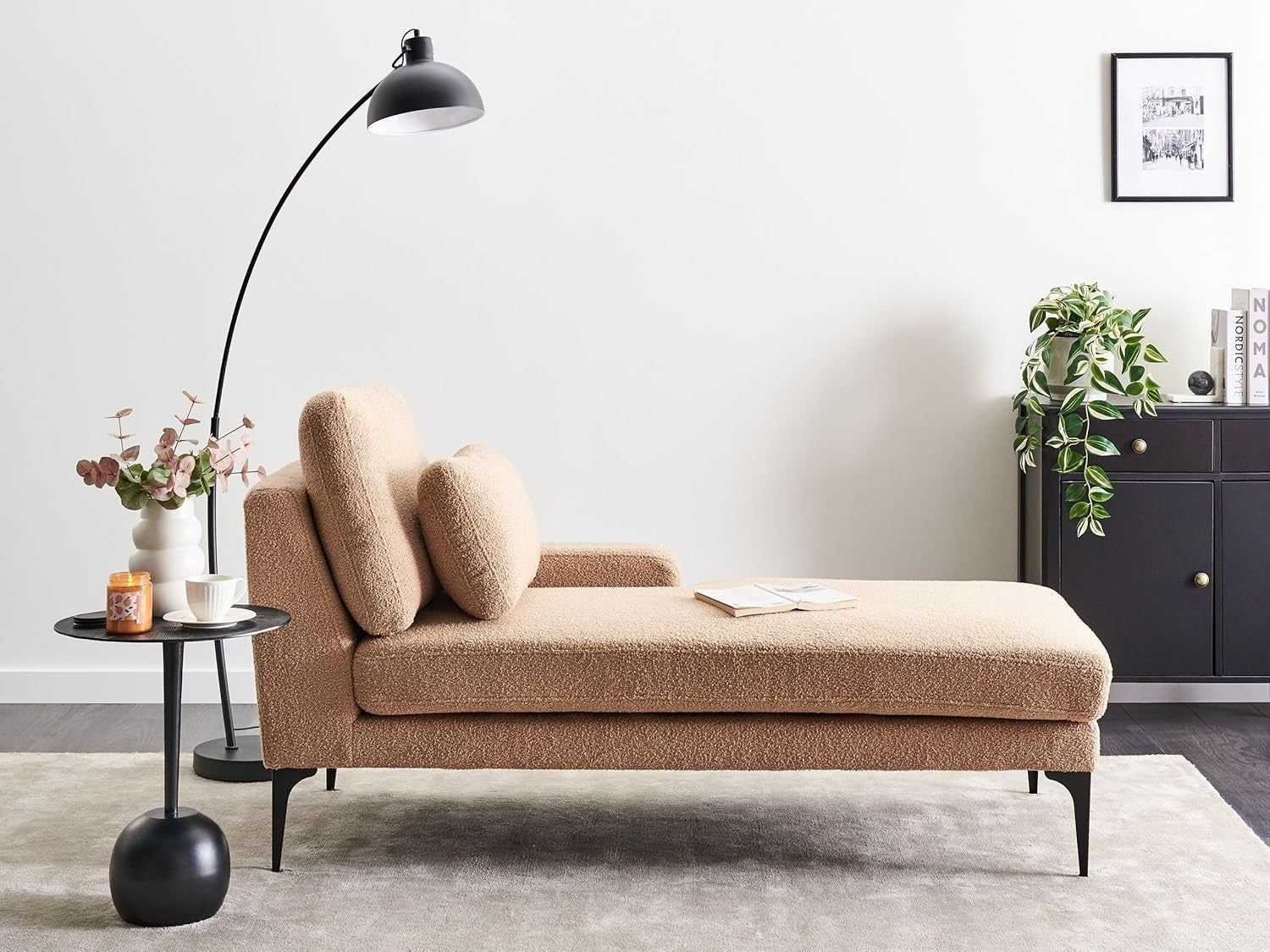 Left Hand Chaise Lounge Boucle Upholstery Beige | Cushions, Metal Legs