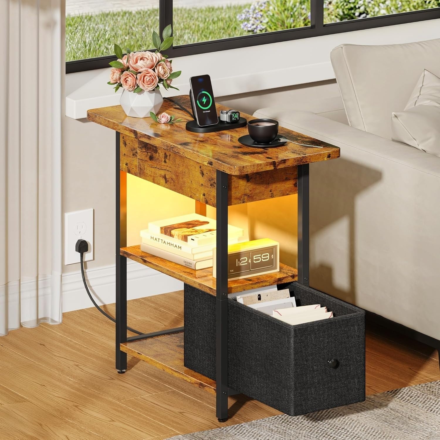 Set of 2 Rustic Brown LED Bedside Tables | USB Charging Station