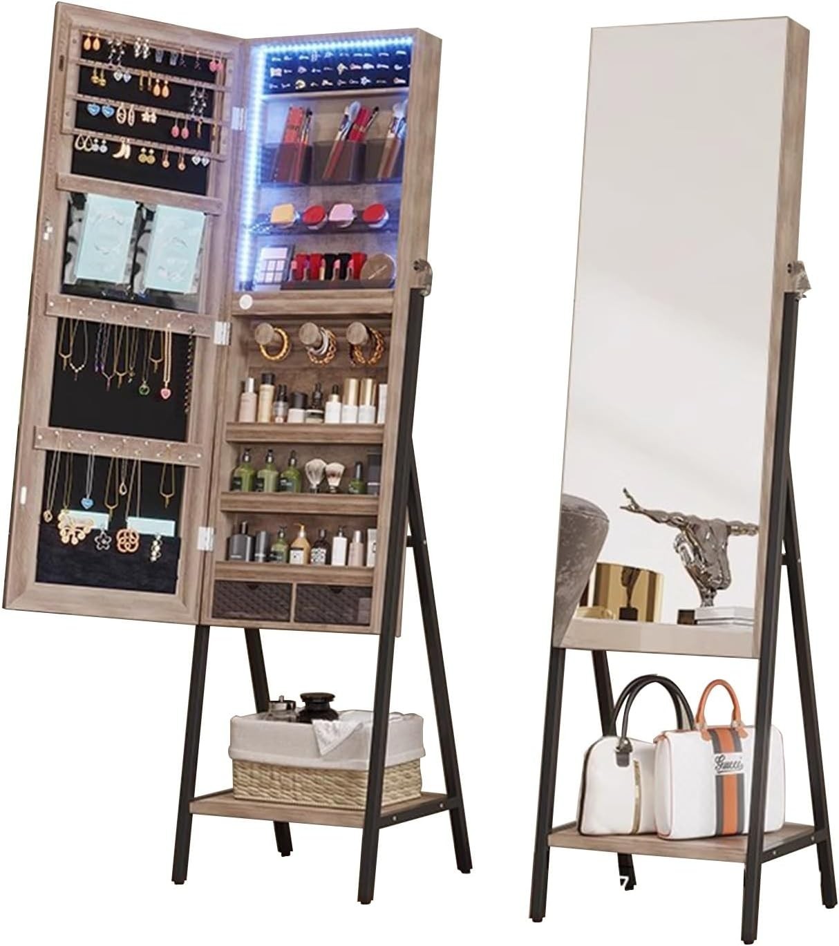 LED Standing Jewelry Armoire Lockable Full Length Mirror Storage Grey