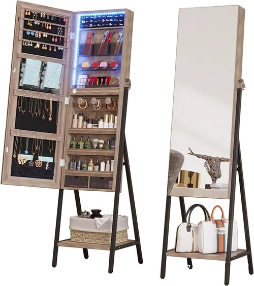 LED Standing Jewelry Armoire Lockable Full Length Mirror Storage Grey