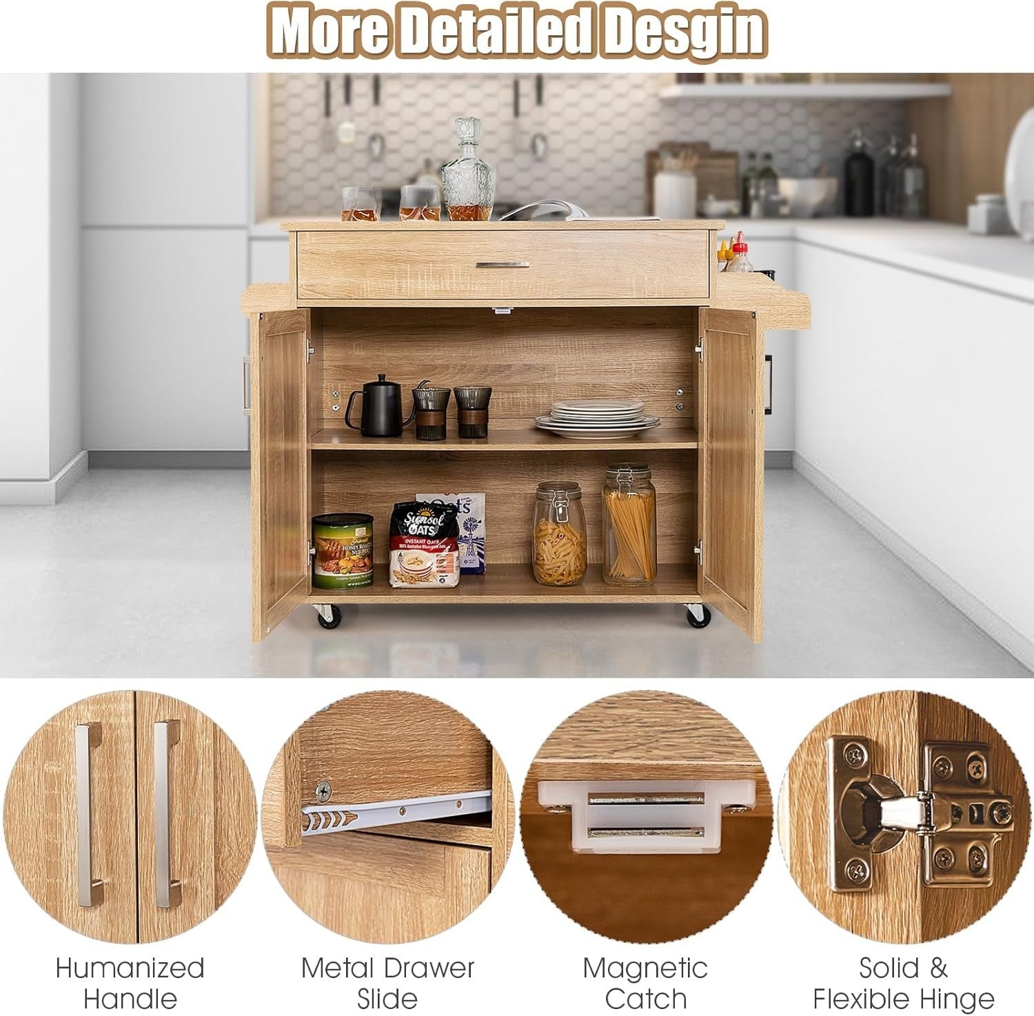 Large Kitchen Island Trolley Drawer Cabinet 116cm Natural