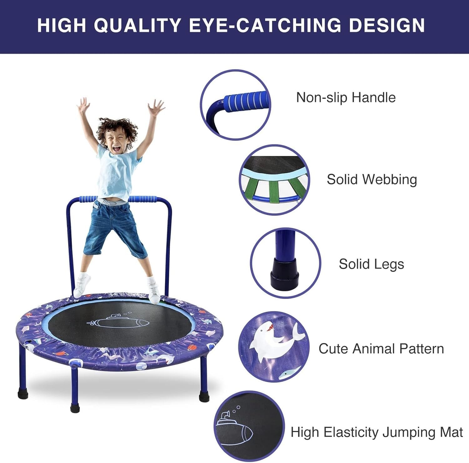 38'' Kids Mini Trampoline Foldable Quiet Rebounder Adjustable Handle Blue