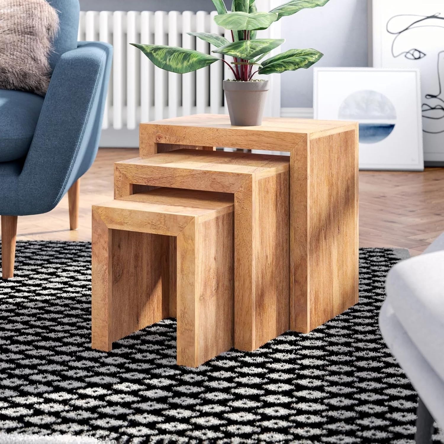 Nest of 3 Coffee Side Tables Wood Brown | Living Room Furniture End Accent Set
