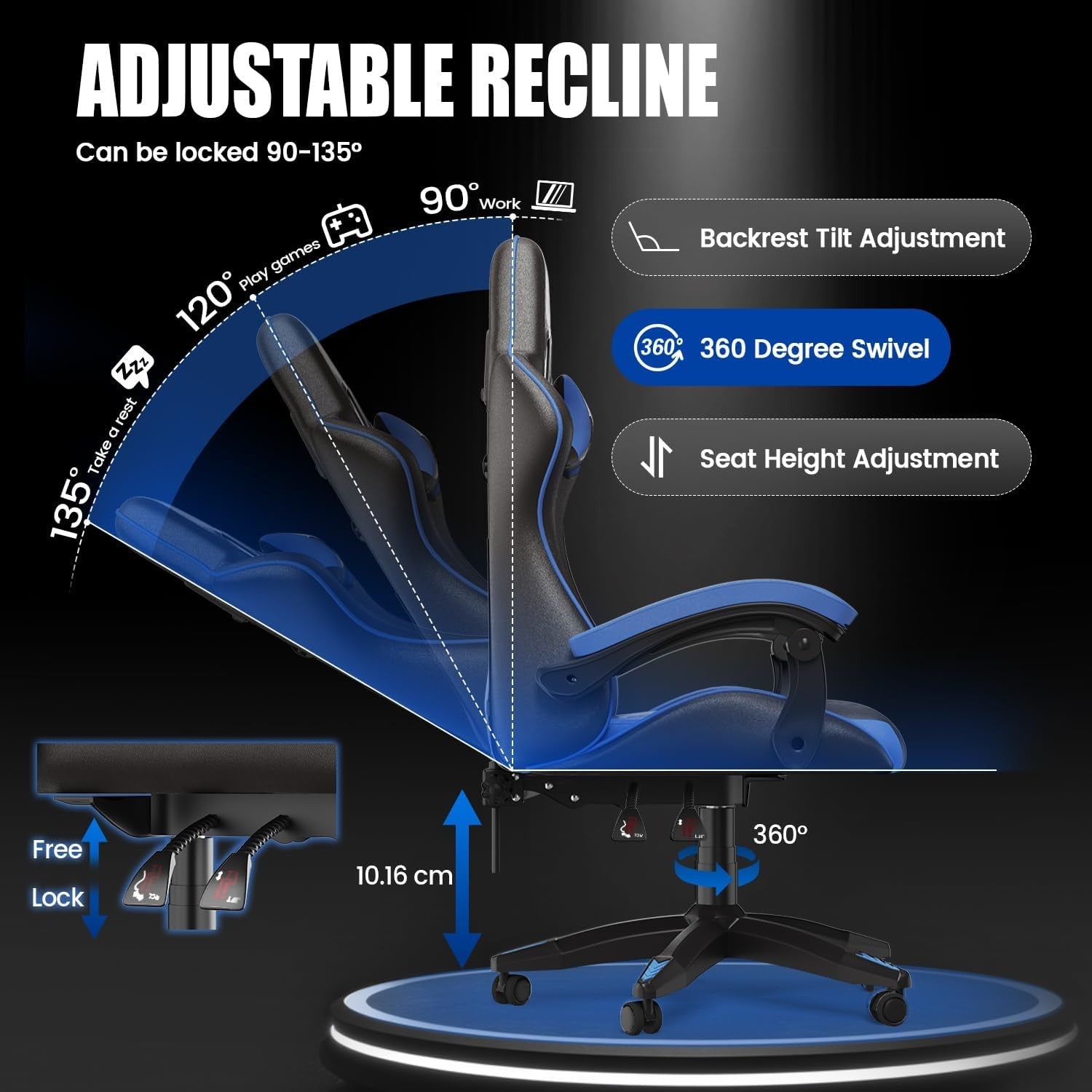 Ergonomic Gaming Chair Black Blue Reclining Adjustable Height