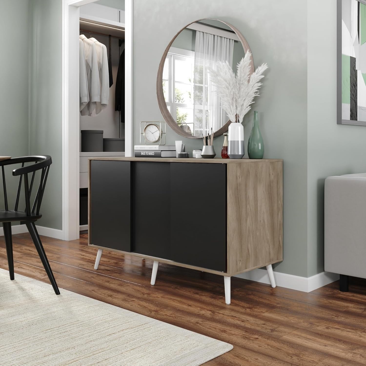 Modern Oak Sideboard Cabinet Black Sliding Doors Storage Unit Wood Legs