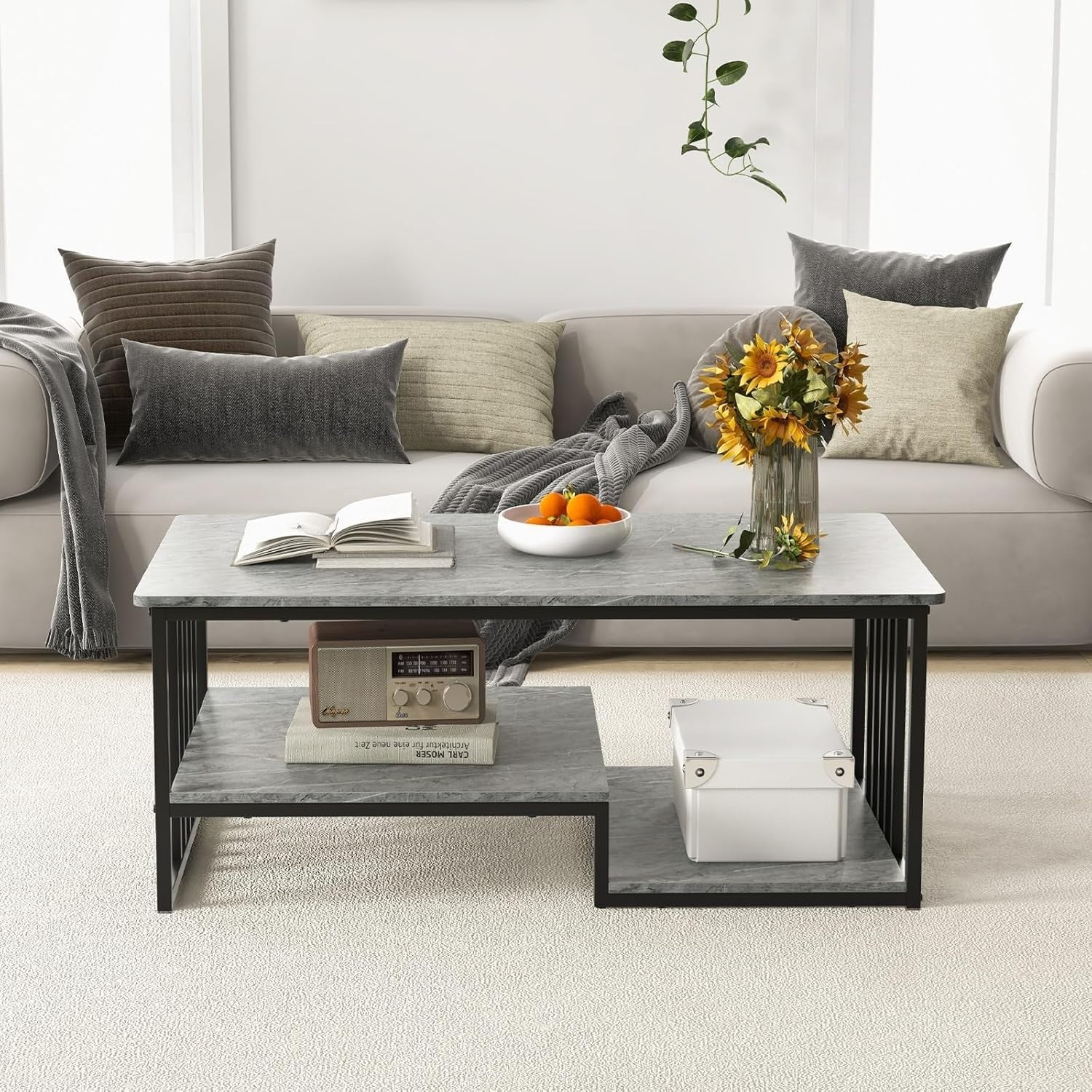 Modern Faux Marble Coffee Table 2-Tier Storage Shelf Rectangular Living Room