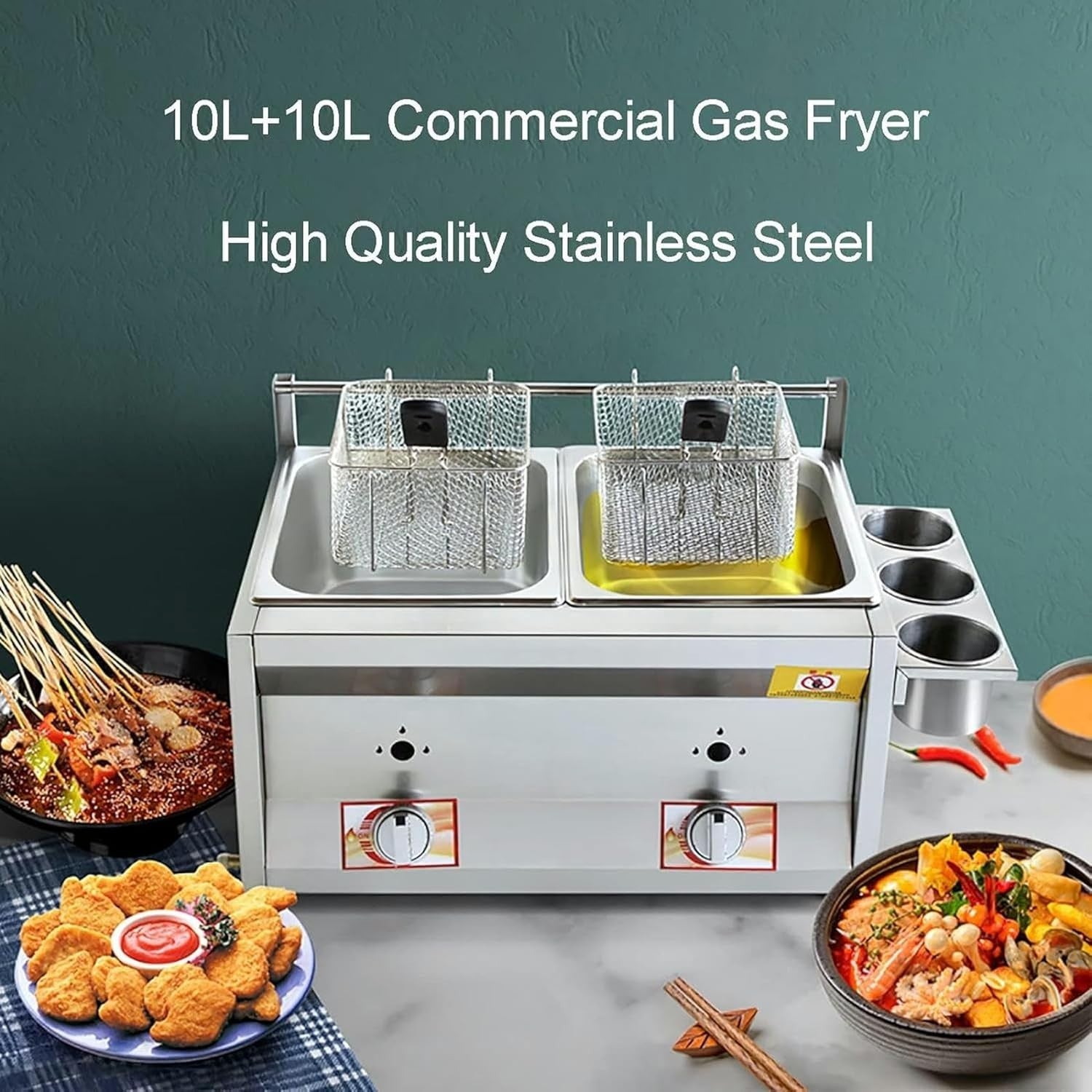 20L Double Tank Gas Deep Fryer Stainless Steel LPG Commercial