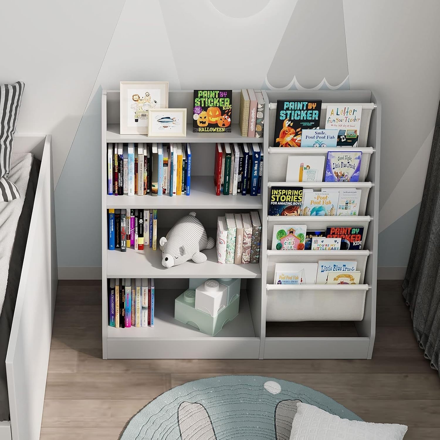 Kids Bookshelf with 5 Sling Pockets & 4 Shelves – Wooden Toy Organizer