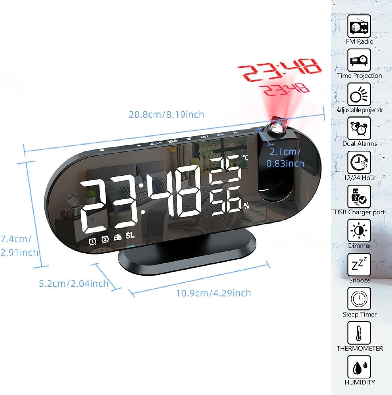 Projection Alarm Clock FM Radio 180° Ceiling Display Snooze USB