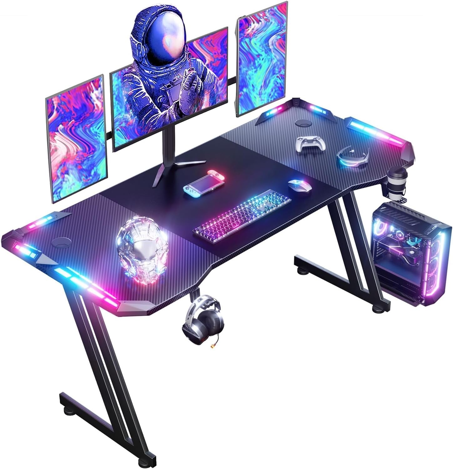 RGB Gaming Desk 160x60cm Computer Table w/LED, Cup Holder & Headphone Hook