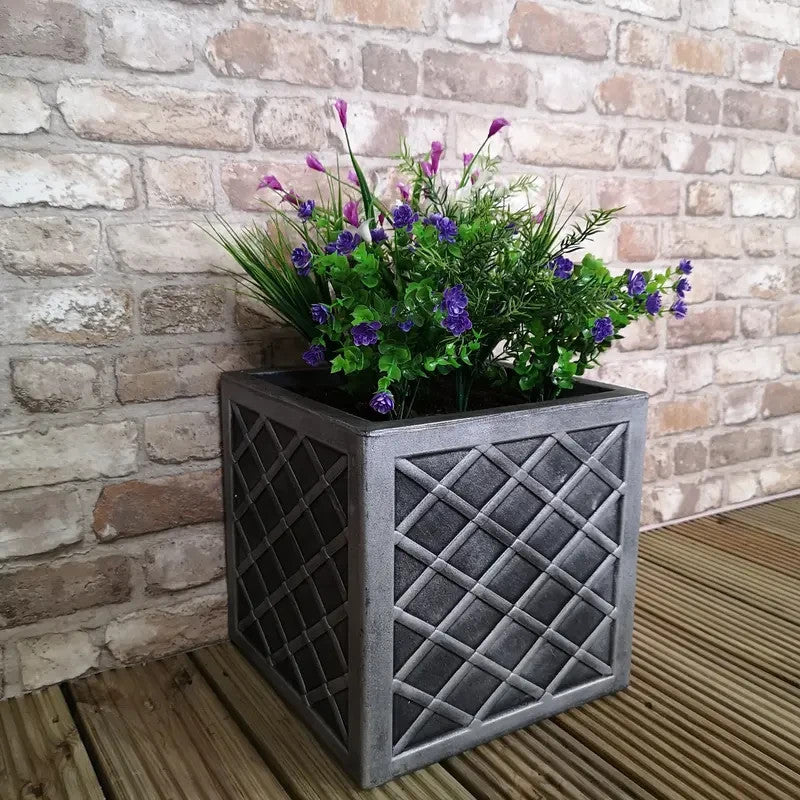 Small Grey Square Garden Planter Pot 30.5cm Outdoor Patio Pewter Plant Box