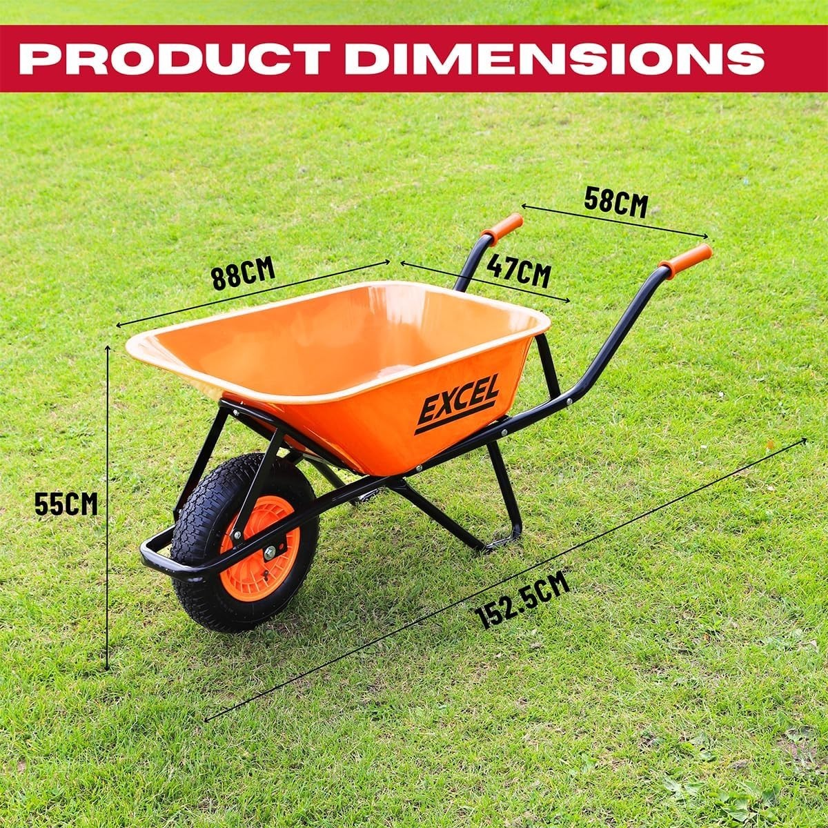 70L Orange Wheelbarrow – Galvanised Steel Frame Pneumatic Tyre 200kg Load