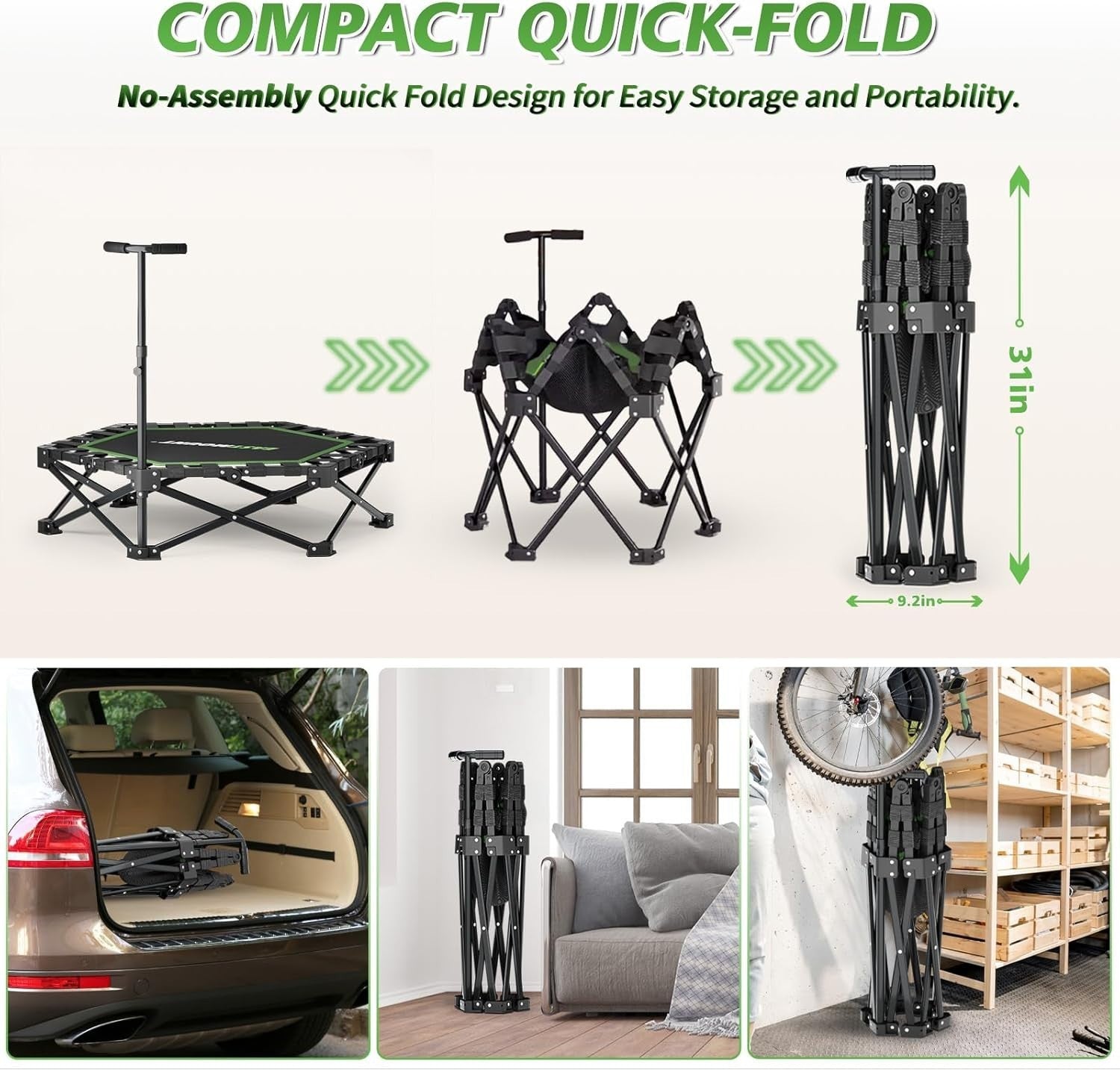 42in Folding Fitness Rebounder Trampoline Silent Bungee Handle 440lb
