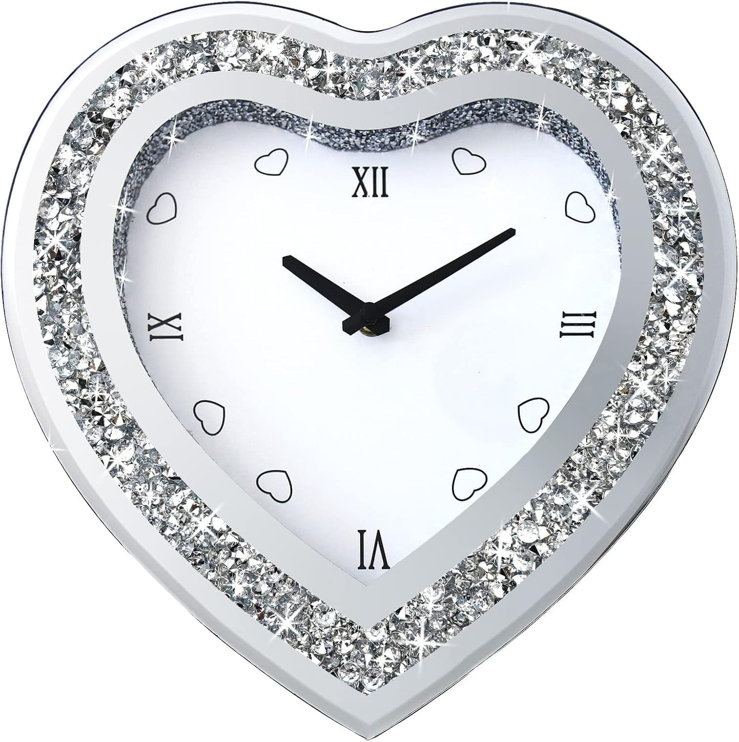 Heart-Shaped Mirror Wall Clock Diamond Border Silent Non-Ticking 12 Inch