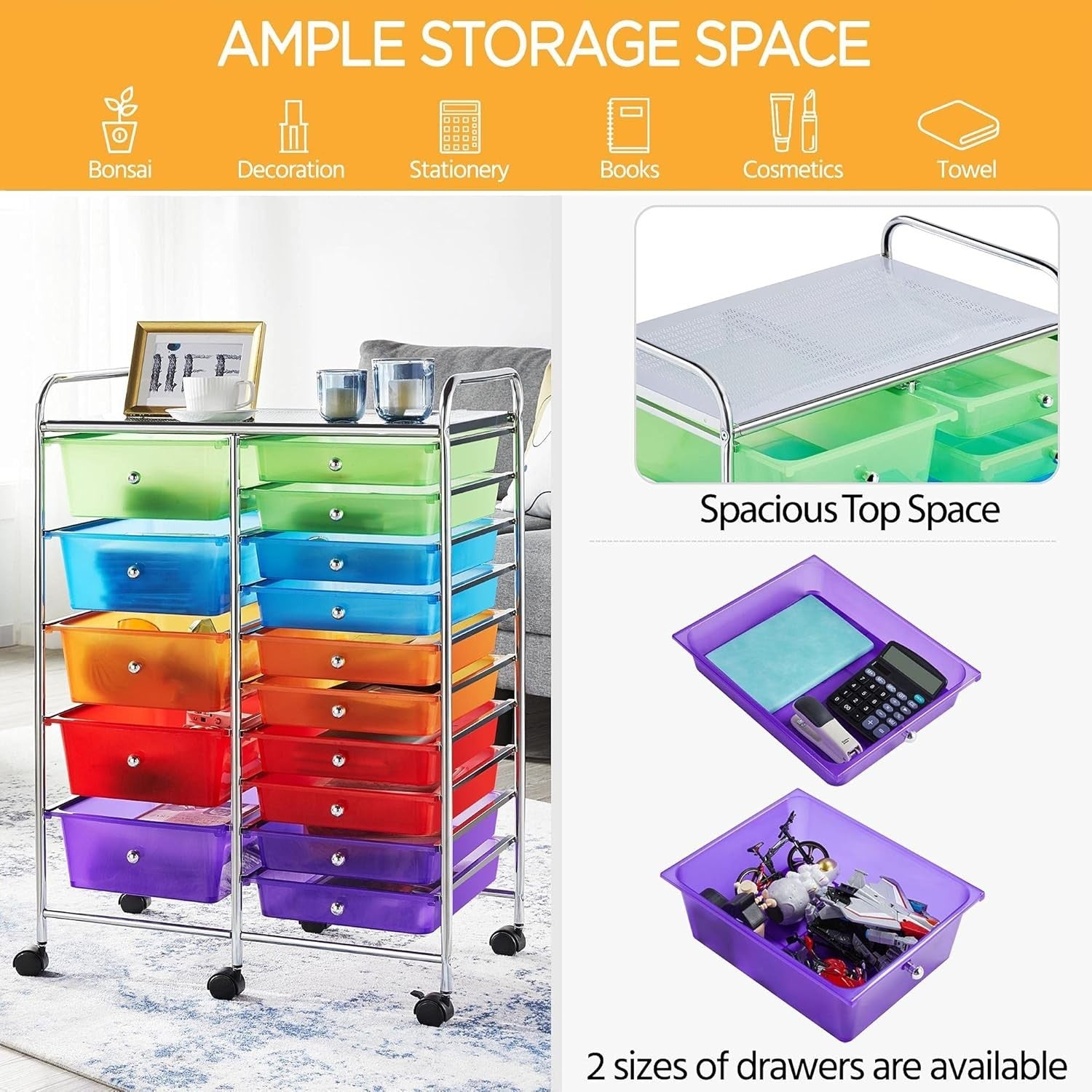15 Drawer Rolling Storage Cart Mobile Organizer Trolley with Wheels