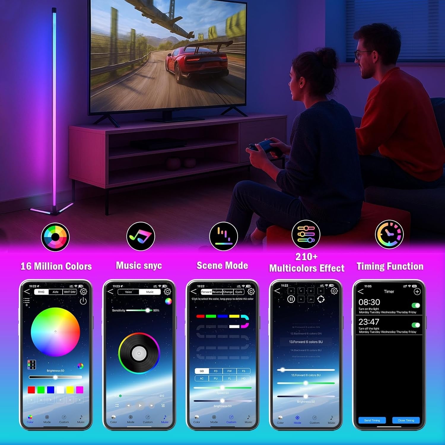2 Pack Smart RGB Corner Floor Lamp App Remote Music Sync LED Mood Light