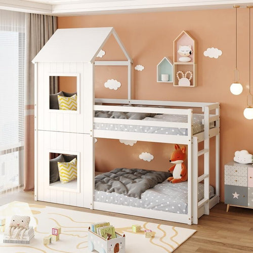 Kids Bunk Bed with Treehouse Canopy 3FT White Cabin Frame Mid Sleeper Ladder