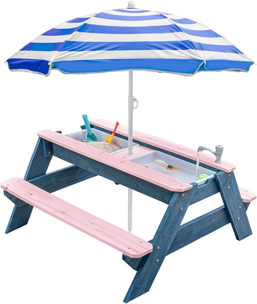 Kids Outdoor Sand & Water Picnic Table with Umbrella | 3-in-1 Wood Play
