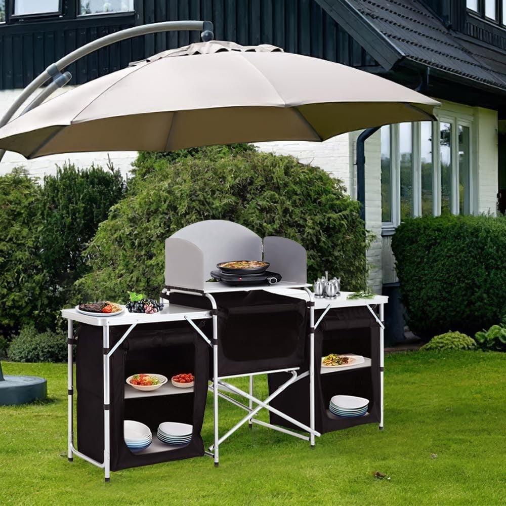 Outdoor Camping Kitchen Cupboard with 5 Shelves & Windshield Stove Table