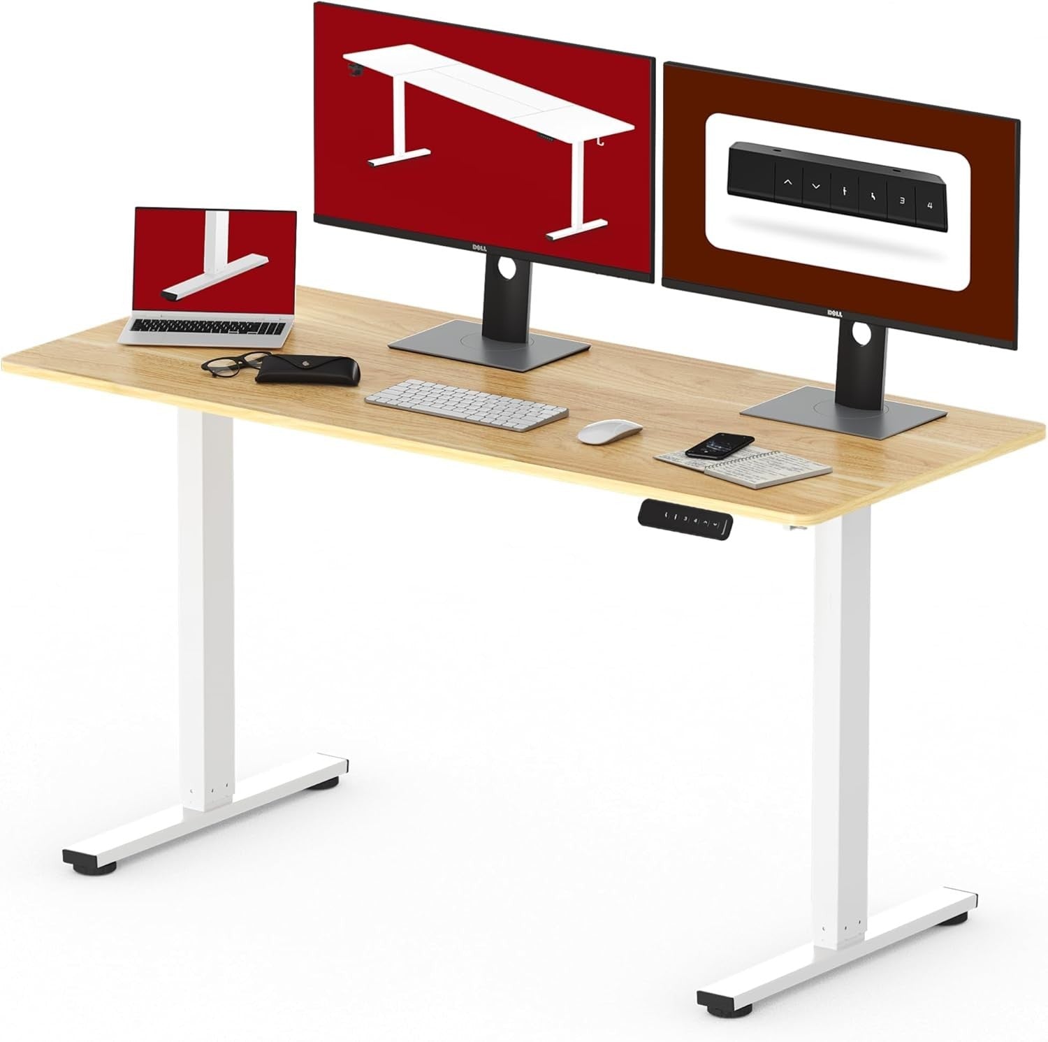 White Electric Standing Desk 120x60cm with Memory Control & Maple Top