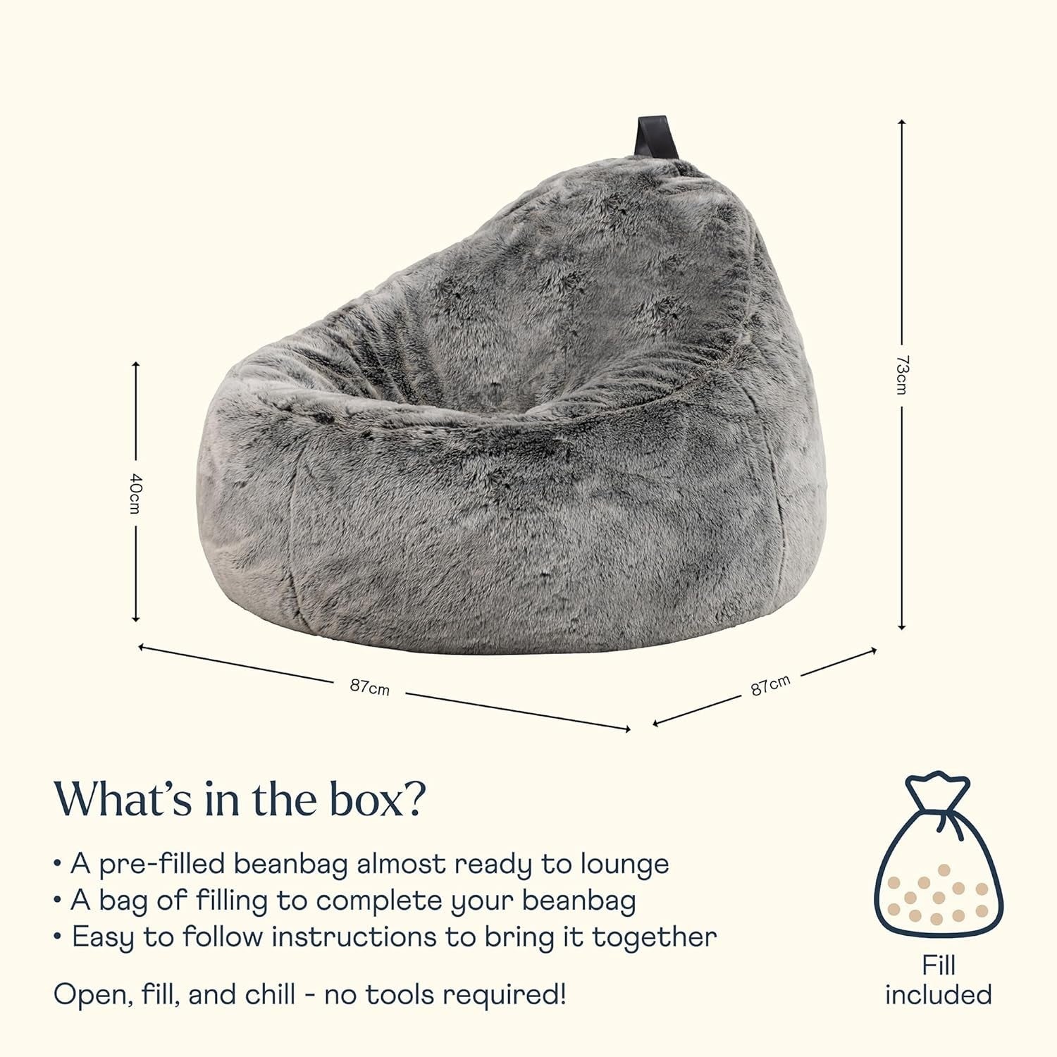 Large Faux Fur Bean Bag Chair Grey Adult Cozy Lounge Seat Living Room