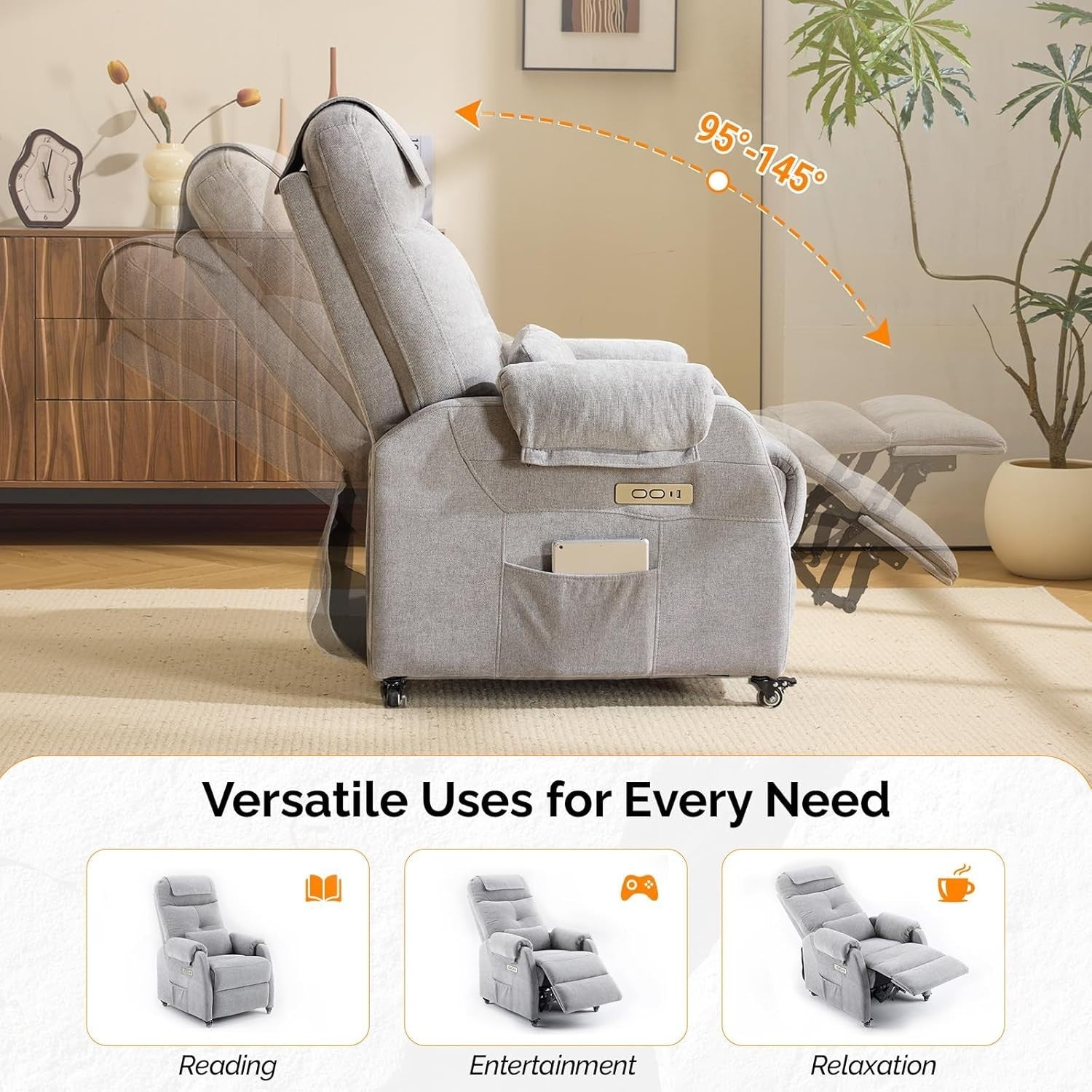 Recliner Chair w/ Wheels Electric Massage Heat High Back Footrest Fabric Grey