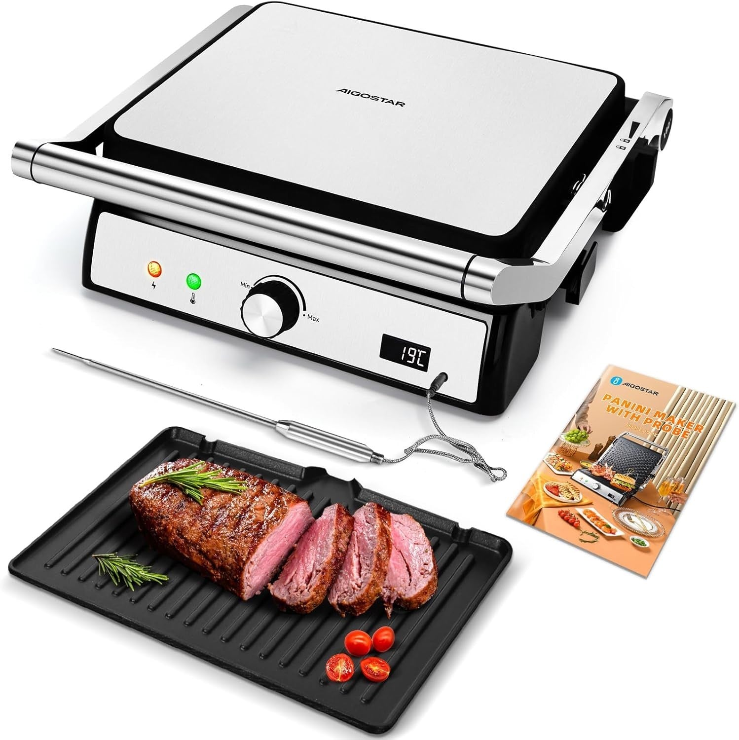 2000W Panini Press Sandwich Toaster Grill 180° Removable Plates