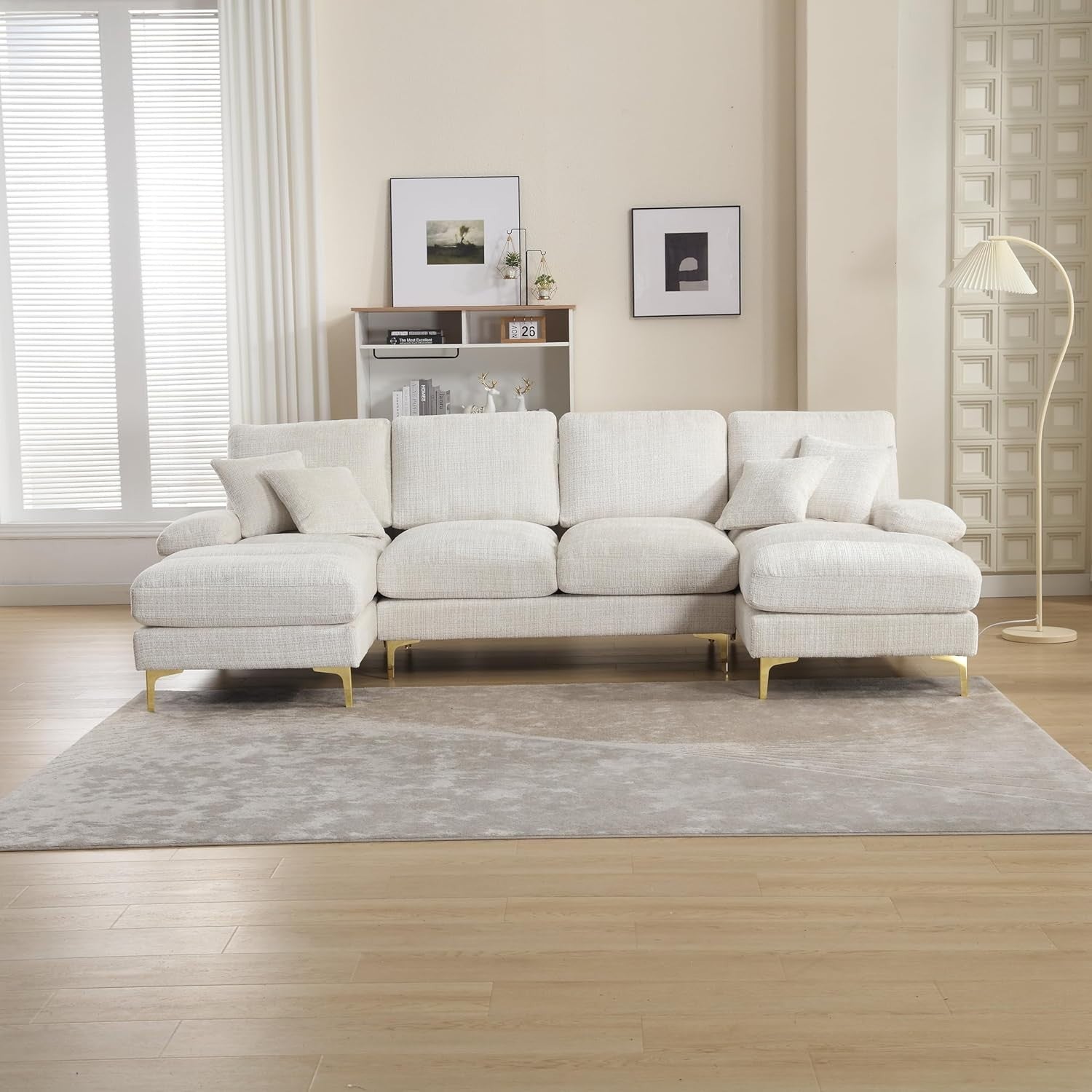 4 Seater U-Shaped Sofa Beige Chenille Sectional with Double Chaise & 4 Pillows
