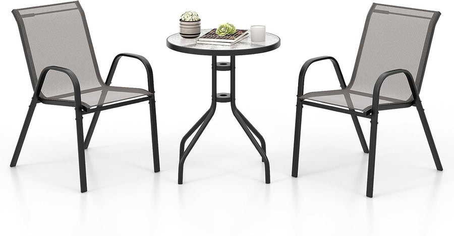 3-Piece Grey Patio Bistro Set Stackable Chairs & Glass Table Outdoor Furniture