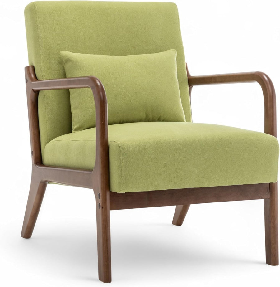 Lime Green Cotton Accent Chair – Solid Wood Armchair w/ Lumbar Cushion