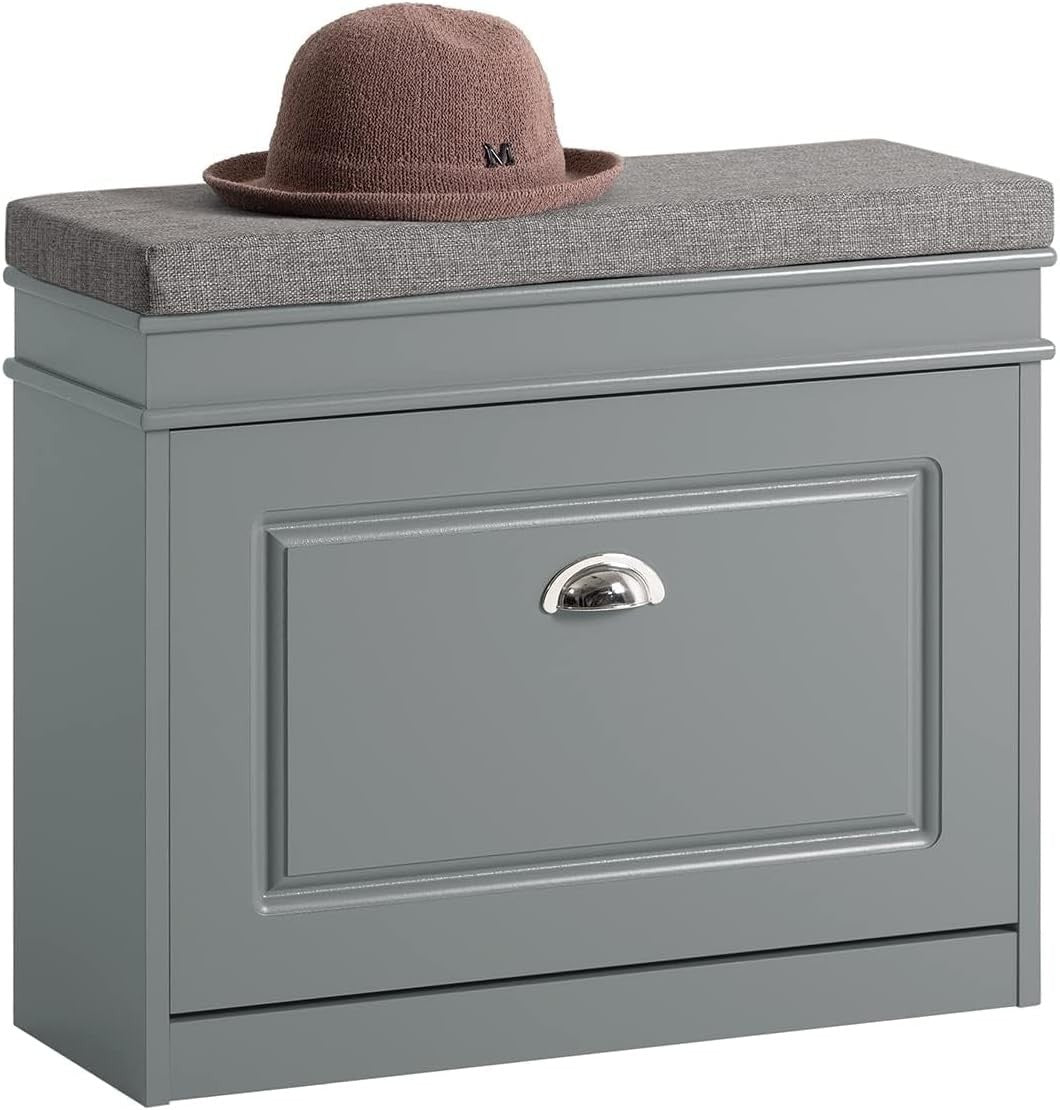 Narrow Shoe Storage Bench with Flip Drawer & Grey Cushion, 61x24x51 cm