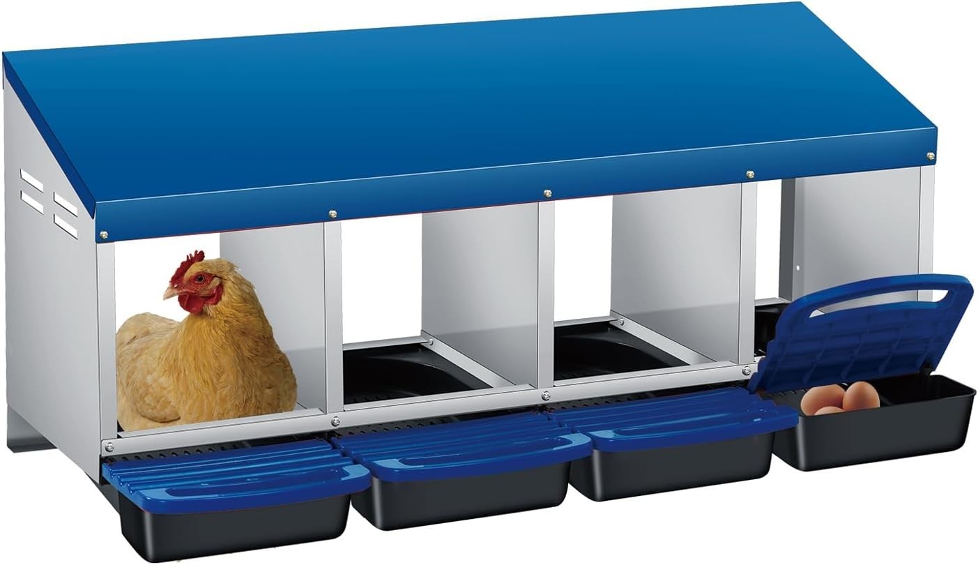 4 Chamber Galvanised Steel Chicken Nest Box Pull Out Tray Blue