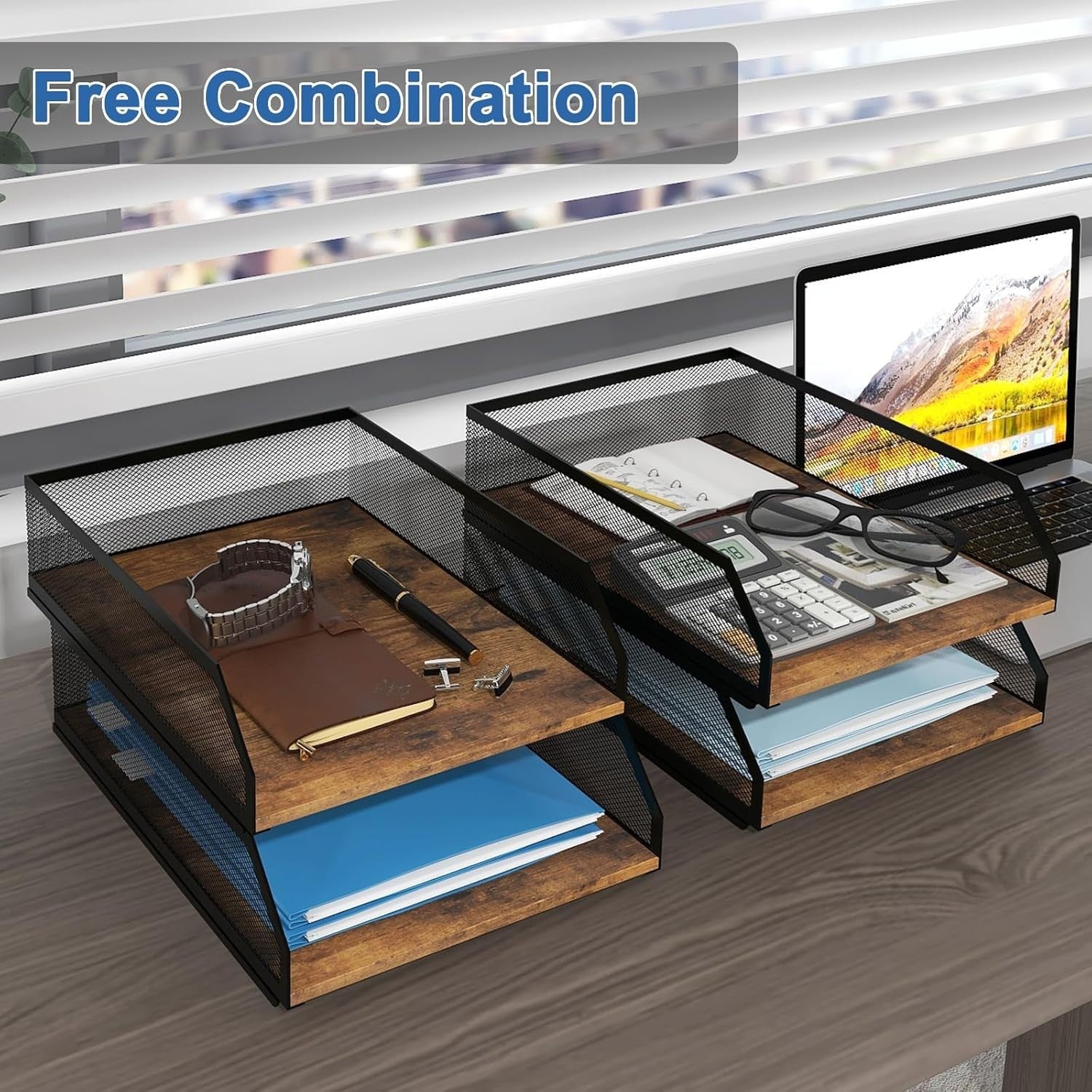 4-Tier Stackable Desk Paper Tray Organizer Metal & Wood Desktop Rack