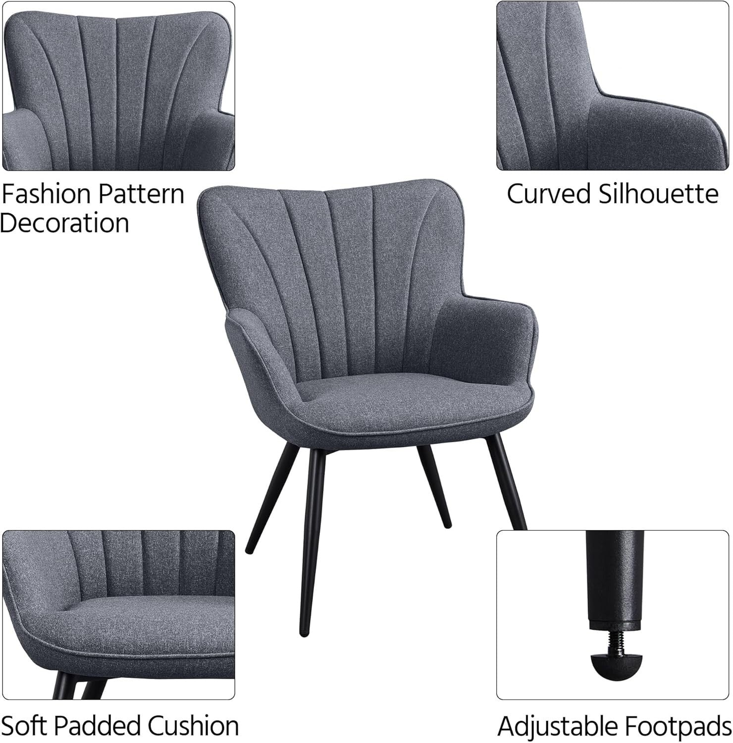 Grey Linen Tub Chair Modern High-Back Accent Armchair for Bedroom & Vanity