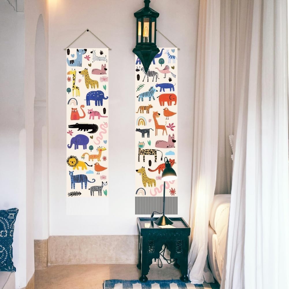 Boho Zoo Animal Tapestry 2pcs 45.7x13in Vertical Wall Hanging