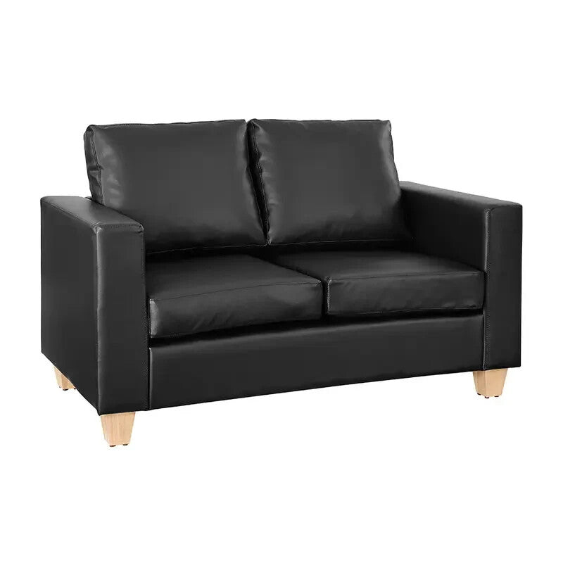 Black Faux Leather 2 Seater Sofa Modern Compact Couch Solid Wood Legs