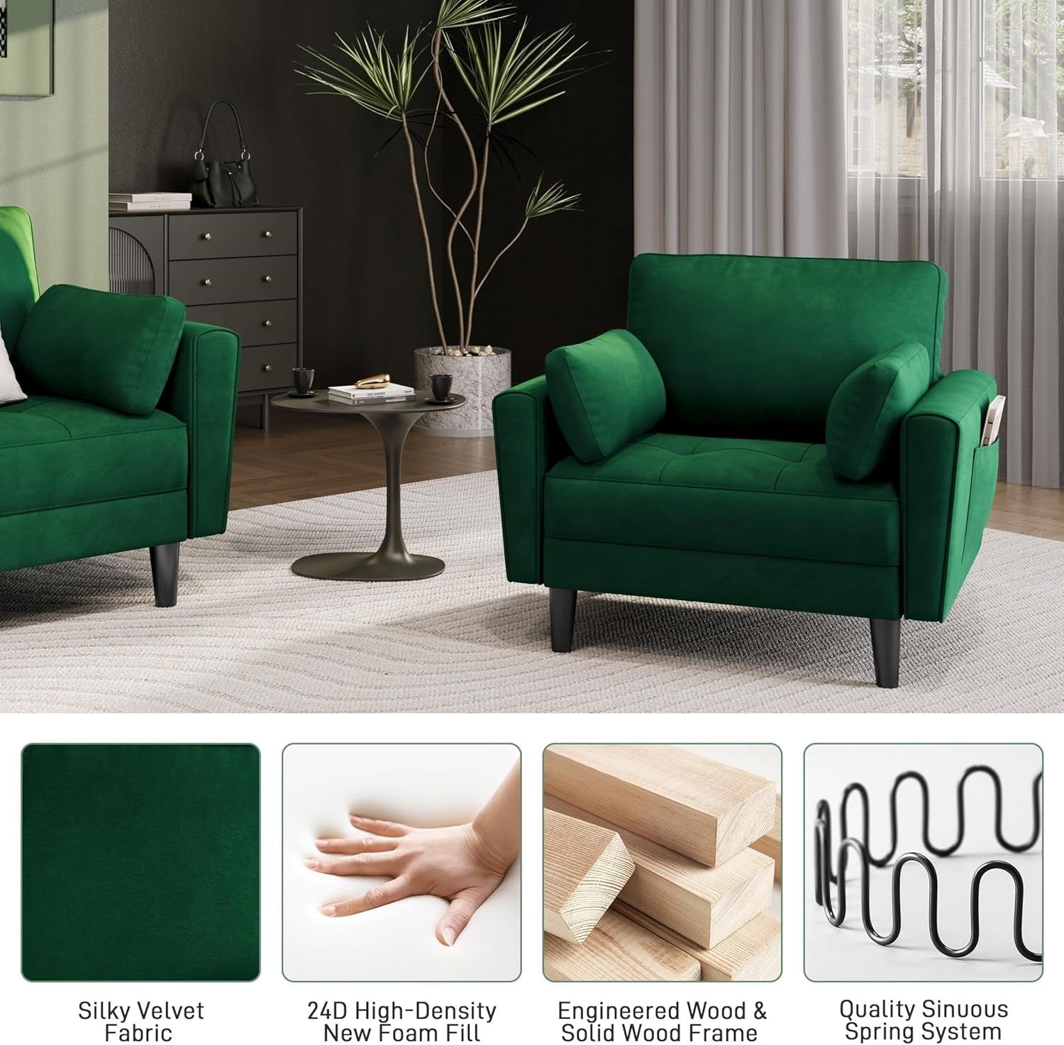 Green Velvet Tub Chair Oversized Accent Armchair with Pillows & Storage