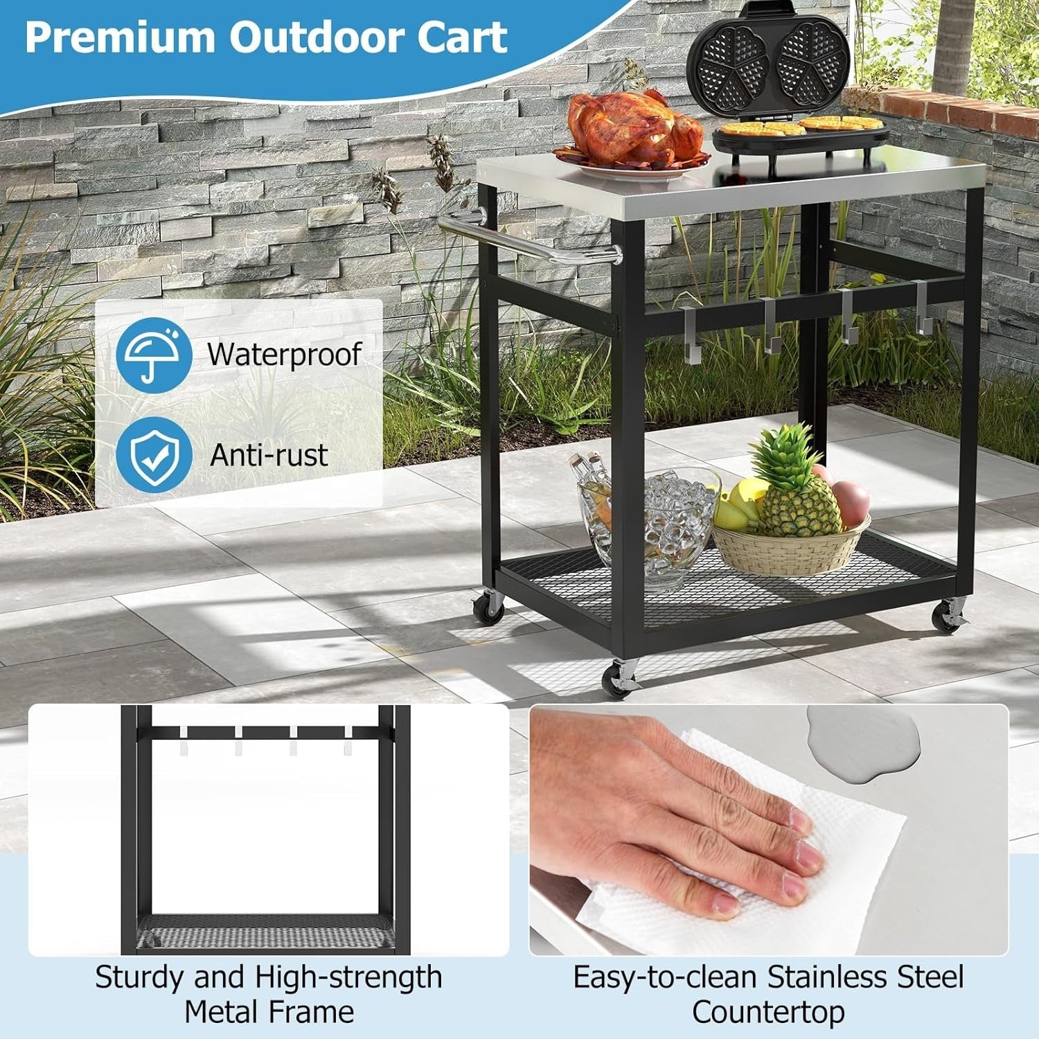 Outdoor BBQ Grill Cart Pizza Oven Stand 2-Tier Stainless Steel Top Trolley 84x50