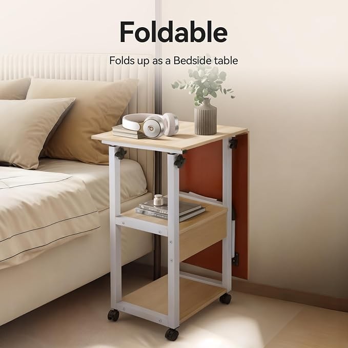 Overbed Laptop Table on Wheels Adjustable Bedside Desk Lift Top Storage
