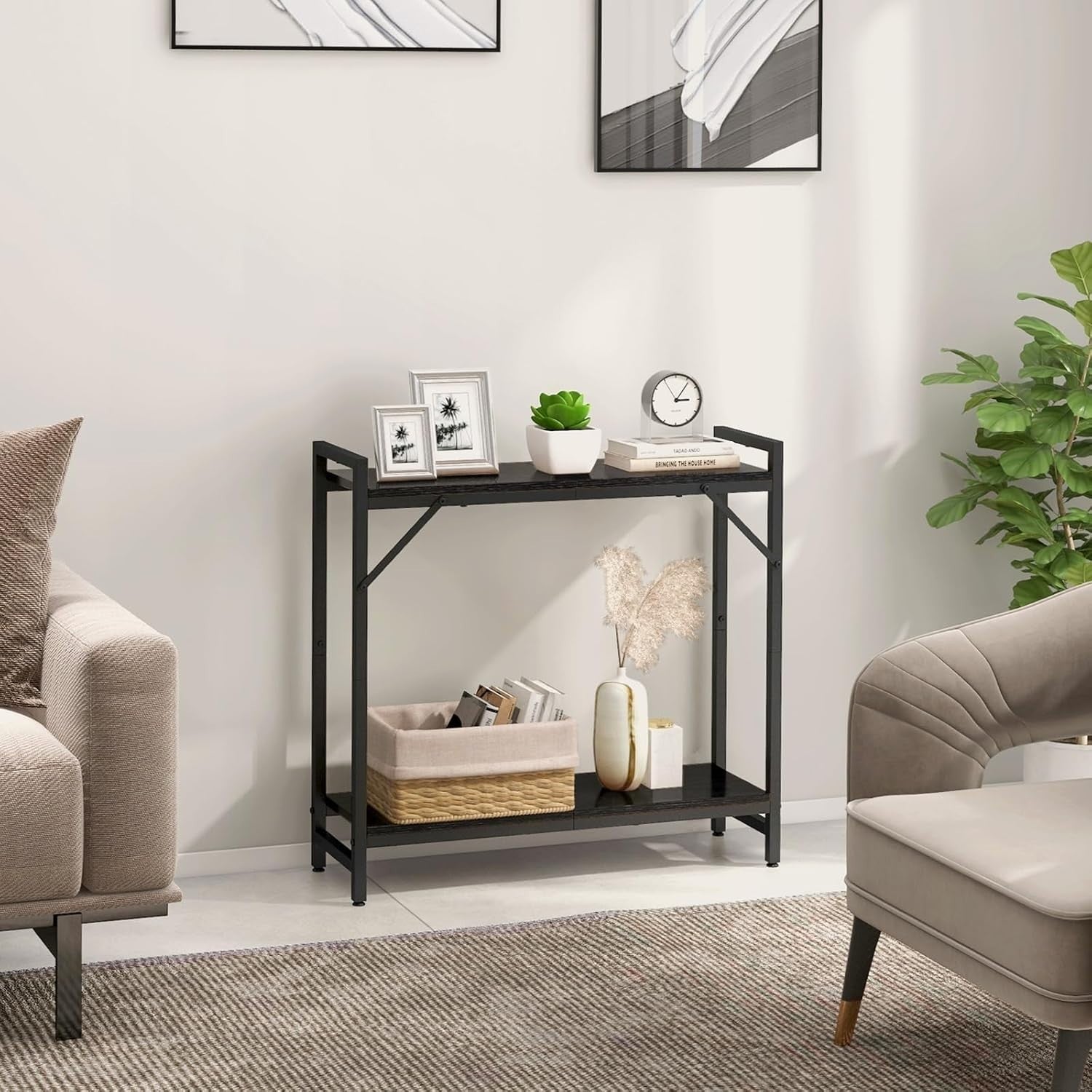 Narrow Console Table 2-Tier Entryway Shelf, Industrial Black, 29.5” W